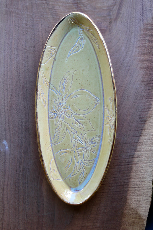 Honey Yellow Glazed Lemon Botanical Carved 14" Narrow Tray, Gold Rim