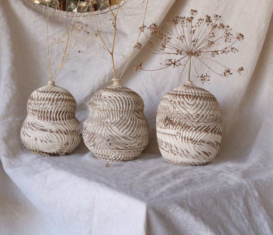 Gourd Carved Bottle Vessel from Marbled Clay with Umber Opening