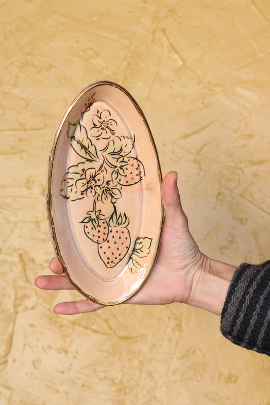 Rose Glazed Strawberry Botanical Carved 9" Tray, Gold Rim