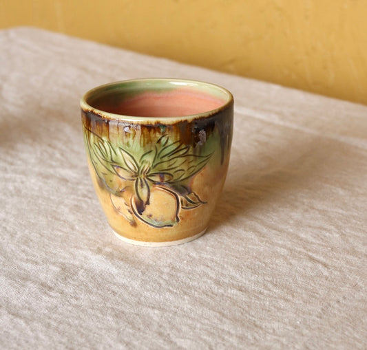 Small Cup with Carved Lemon Botanical, Pink Interior