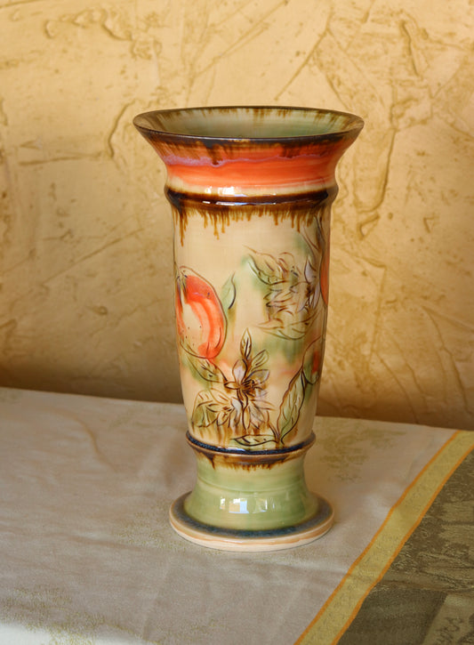 Tall Pedestal Vase with Orange Detail