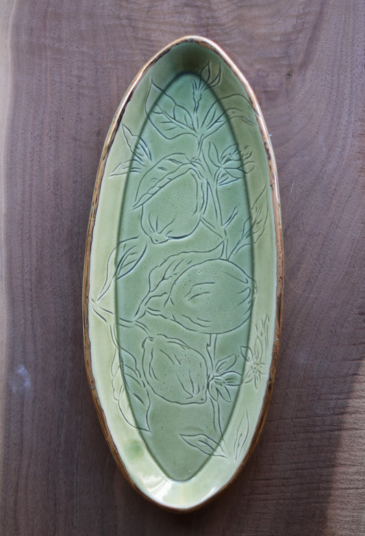 Verdant Green Glazed Lemon Botanical Carved 14" Narrow Tray, Gold Rim