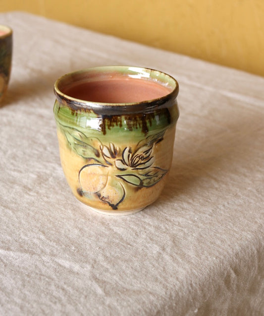 Small Cup with Carved Lemon Botanical, Pink Interior