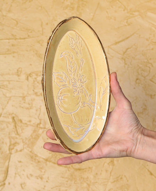 Honey Glazed Apple Botanical Carved 9" Tray, Gold Rim
