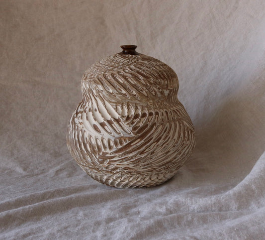 Gourd Carved Bottle Vessel from Marbled Clay with Umber Opening