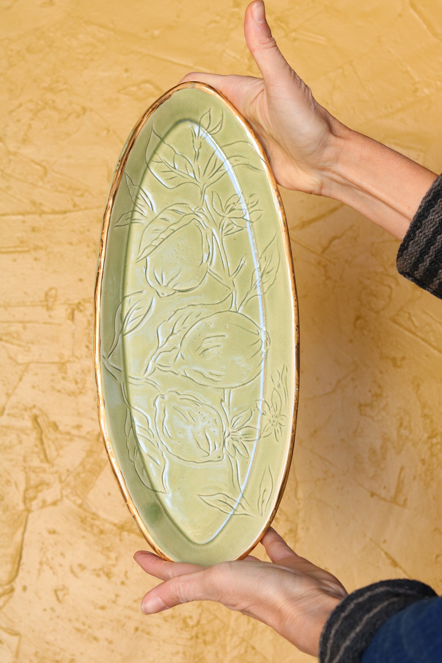 Verdant Green Glazed Lemon Botanical Carved 14" Narrow Tray, Gold Rim