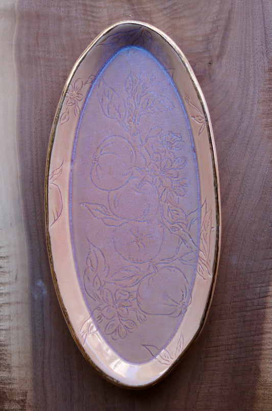 Rose Glazed Apple Botanical Carved 15" Oval Platter, Gold Rim