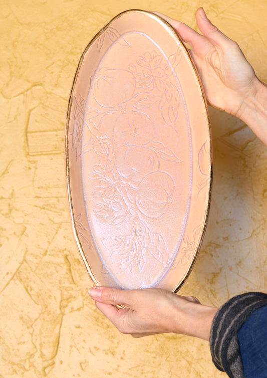 Rose Glazed Apple Botanical Carved 15" Oval Platter, Gold Rim