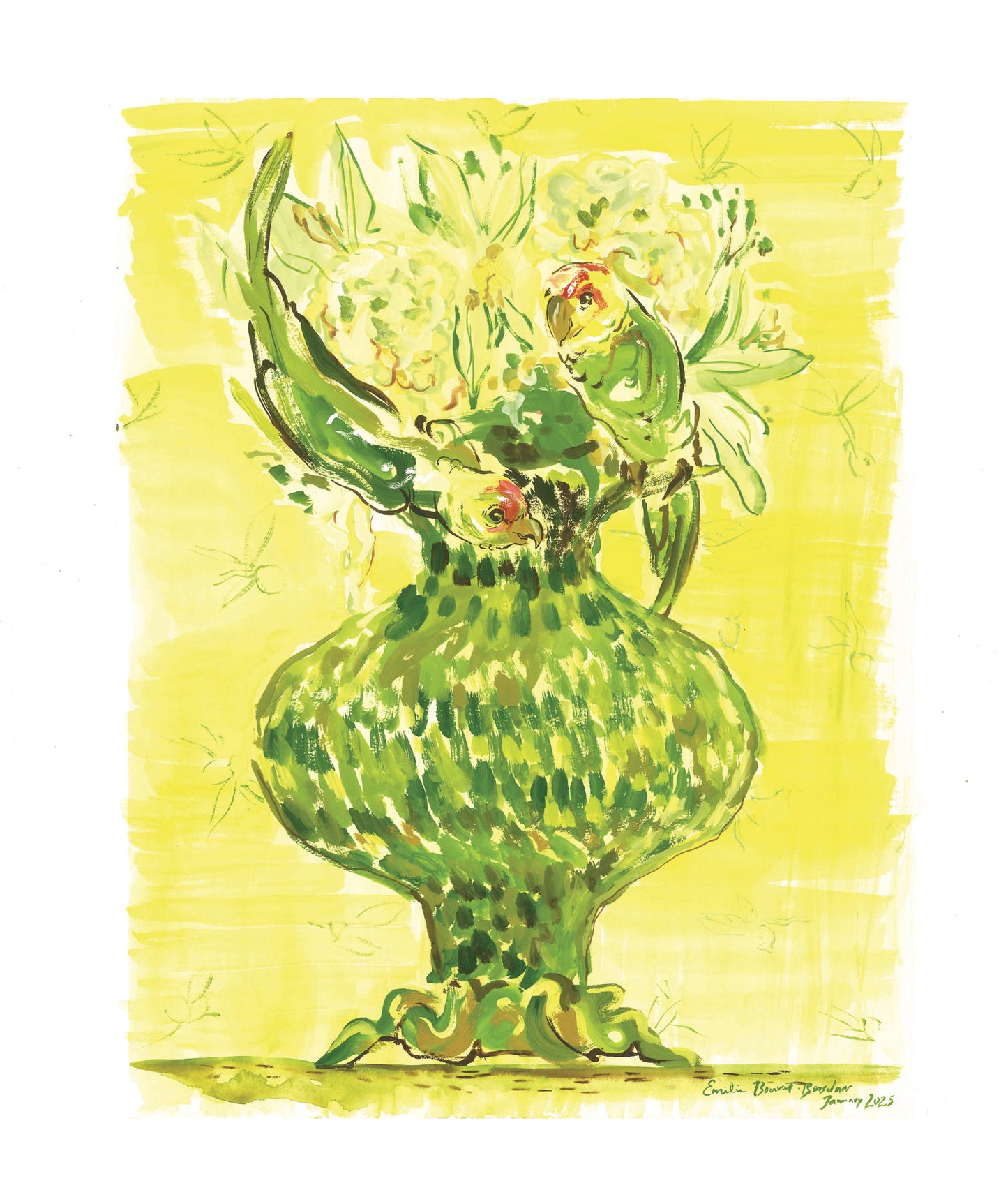 Carolina Parakeet Bouquet in Chartreuse Vase - Print