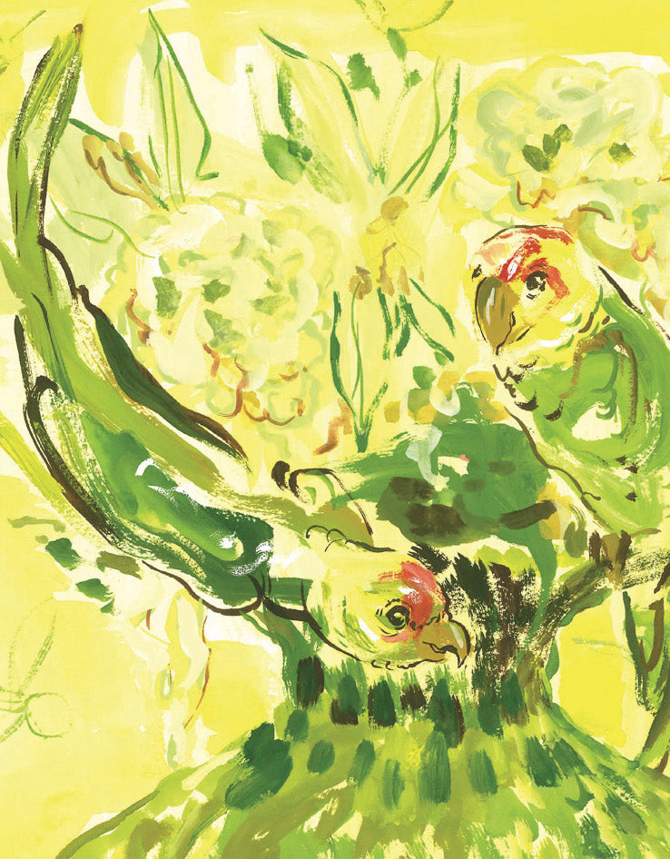 Carolina Parakeet Bouquet in Chartreuse Vase - Print