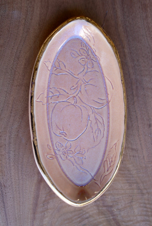 Rose Glazed Apple Botanical Carved 9" Tray, Gold Rim