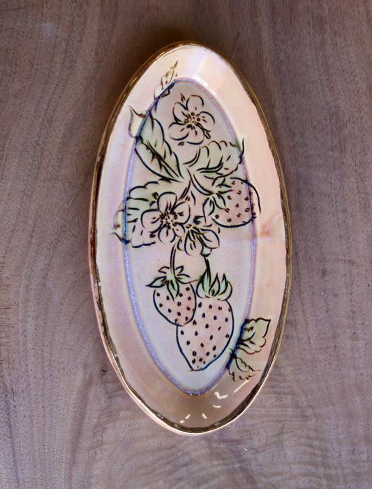 Rose Glazed Strawberry Botanical Carved 9" Tray, Gold Rim