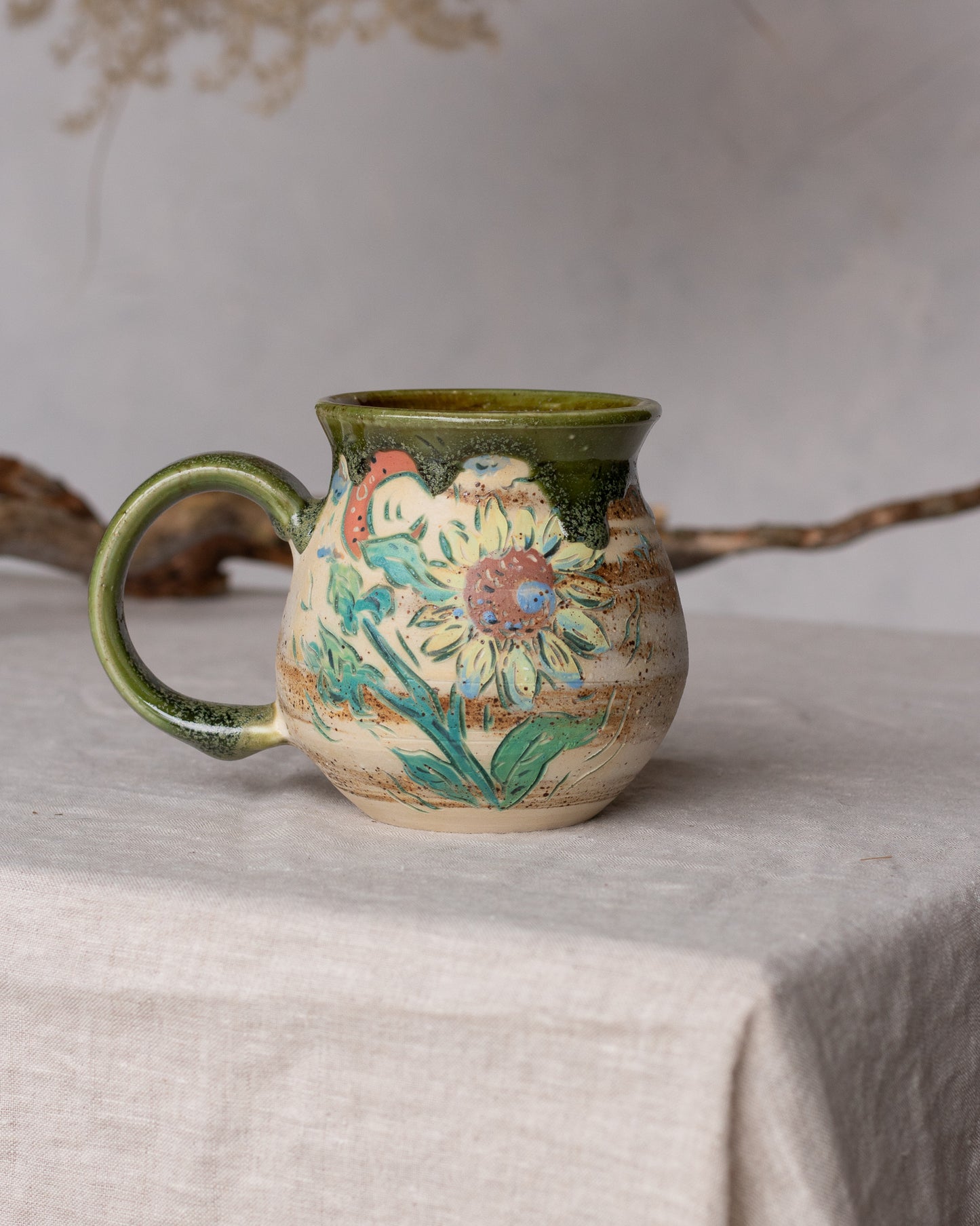 #19 Green Micro Crystal Glazed Sunflower Moon Mug ~14 oz