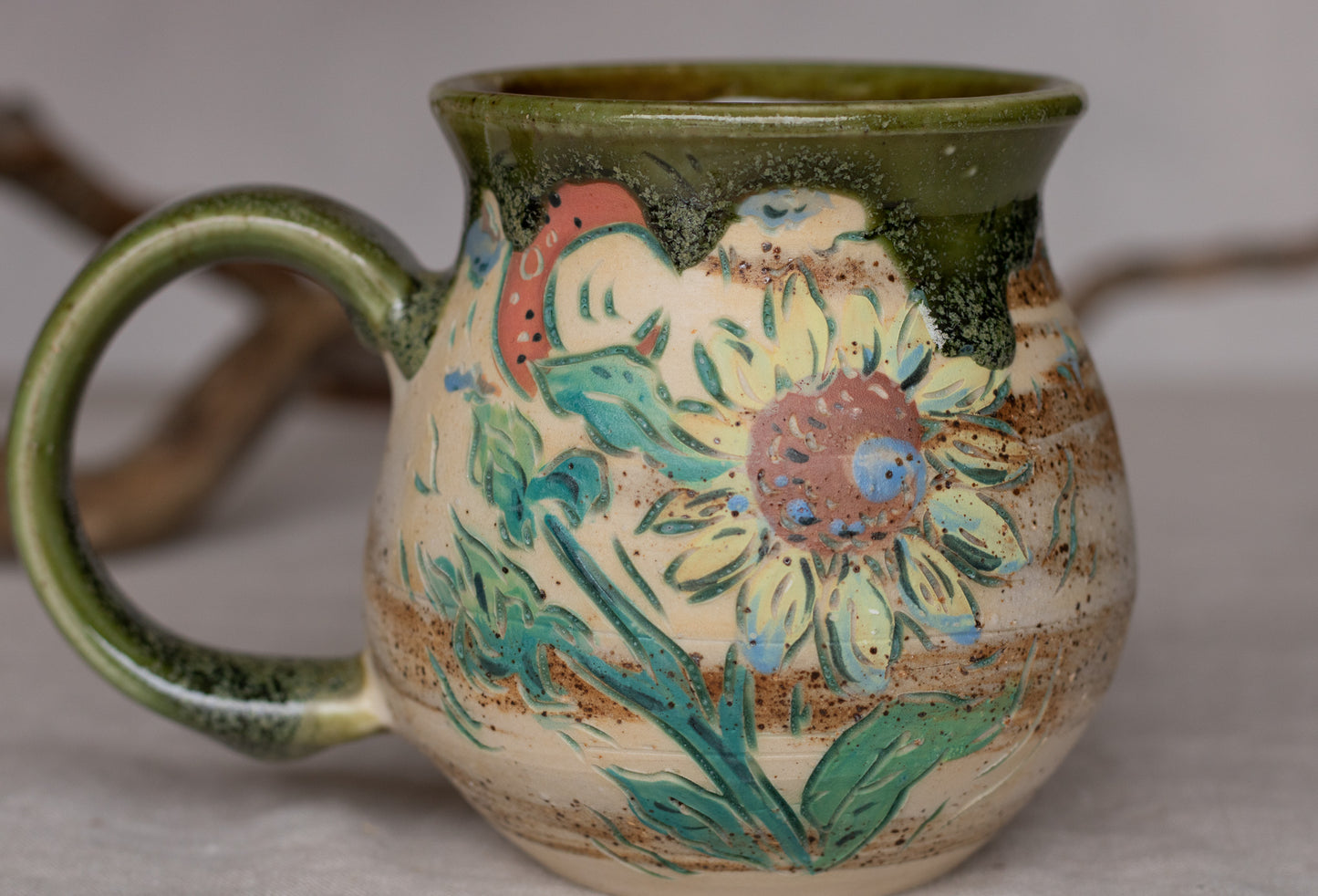 #19 Green Micro Crystal Glazed Sunflower Moon Mug ~14 oz