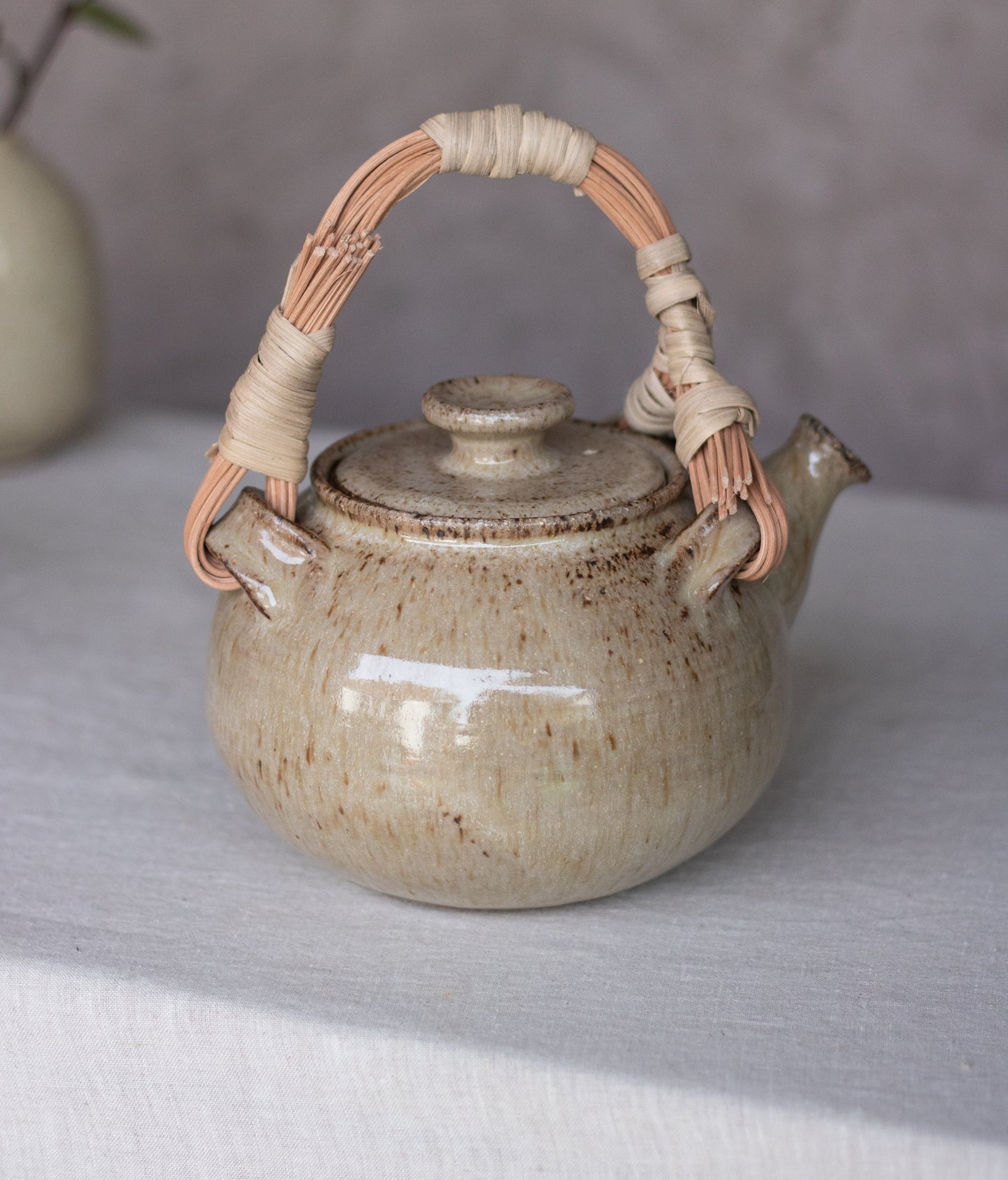 Melted Oat Glazed Teapot with Artist Made Reed Handle