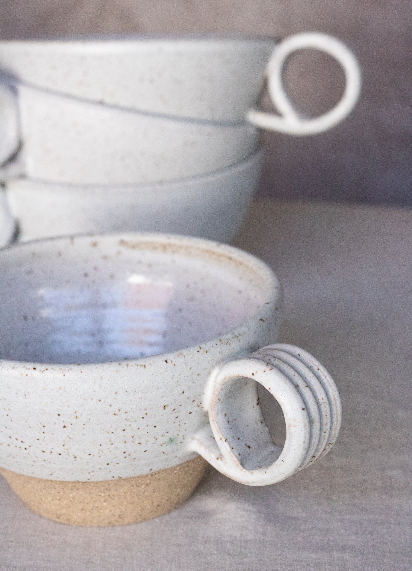 Coil Handled Bowl in Two Tone White Glaze