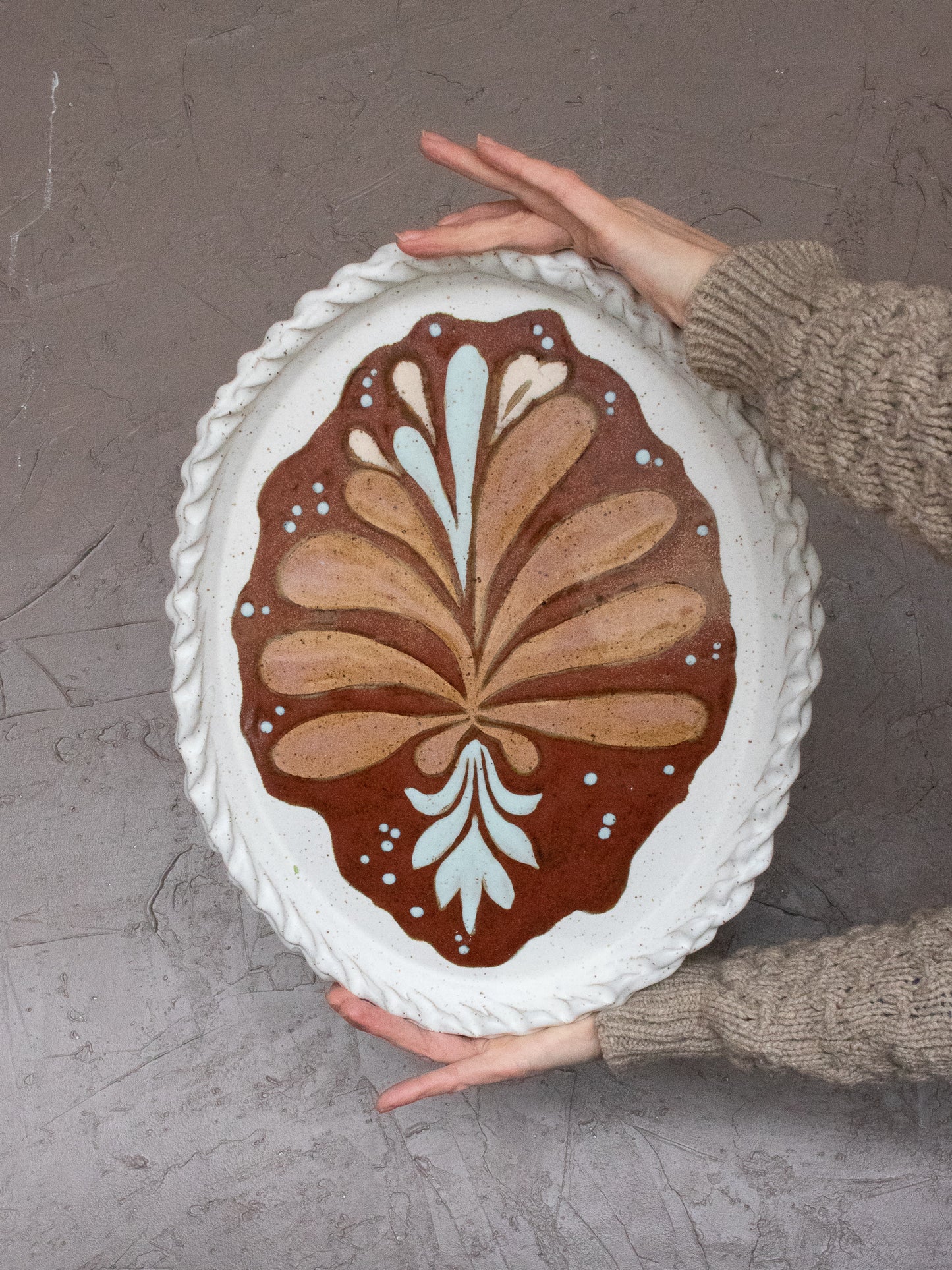 Extra Large Rose Plant Painted Platter with Woven Rim Detail