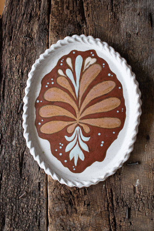 Extra Large Rose Plant Painted Platter with Woven Rim Detail
