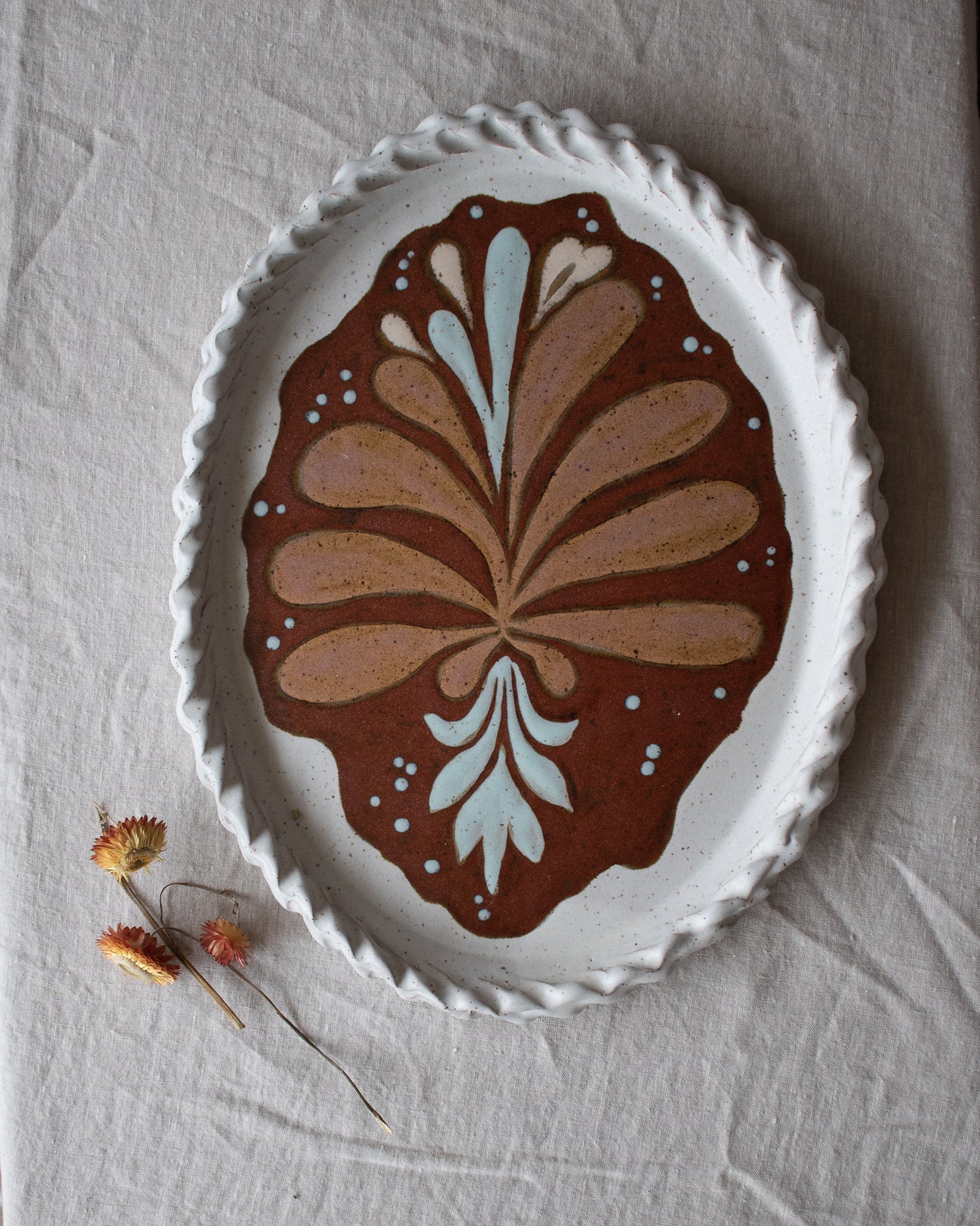 Extra Large Rose Plant Painted Platter with Woven Rim Detail