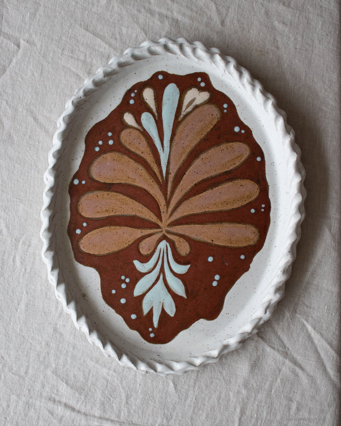 Extra Large Rose Plant Painted Platter with Woven Rim Detail
