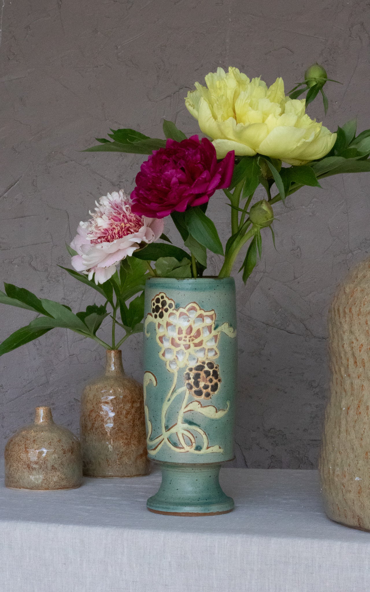 Turquoise Floral Pedestal Vase