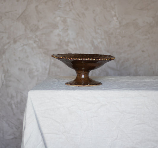 Small Umber Pedestal Bowl with Gold Rim