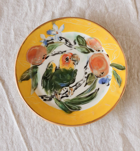 Carolina Parakeet Perched over Orange Branch Plate (right facing) *Second Quality