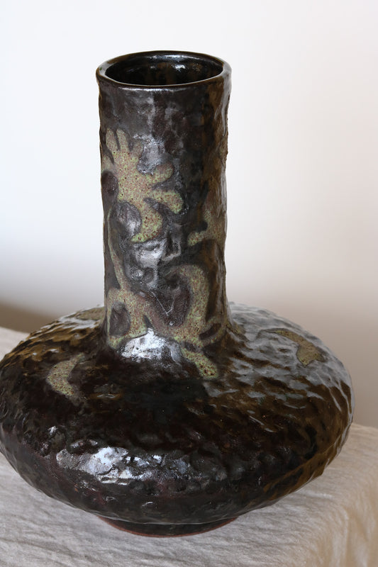 Tall Noir Vessel with Vine and Floral detail