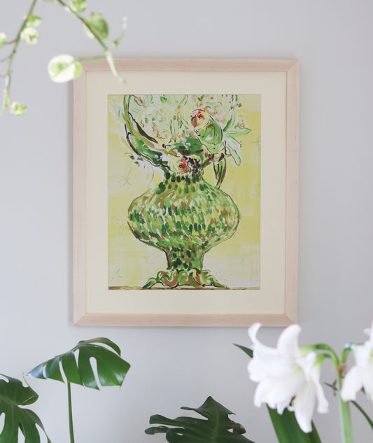 Carolina Parakeet Bouquet in Chartreuse Vase - Print