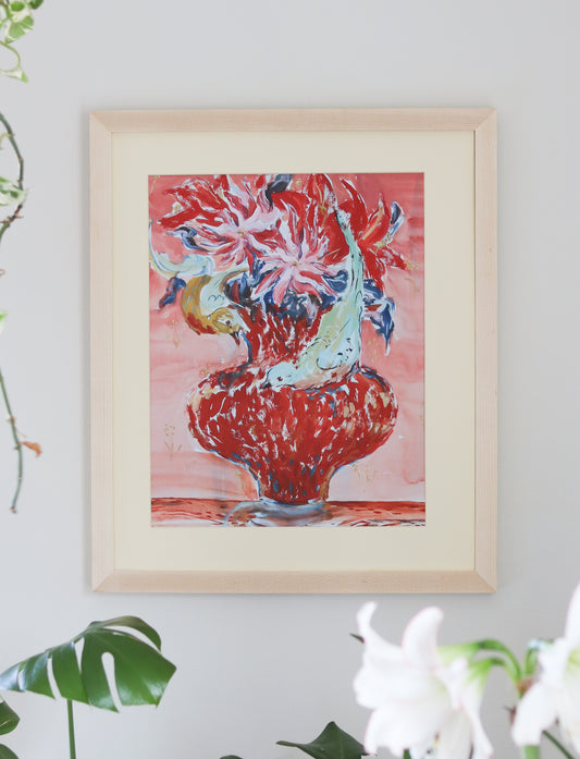 Passenger Pigeon Bouquet in Vermillion Vase - Print