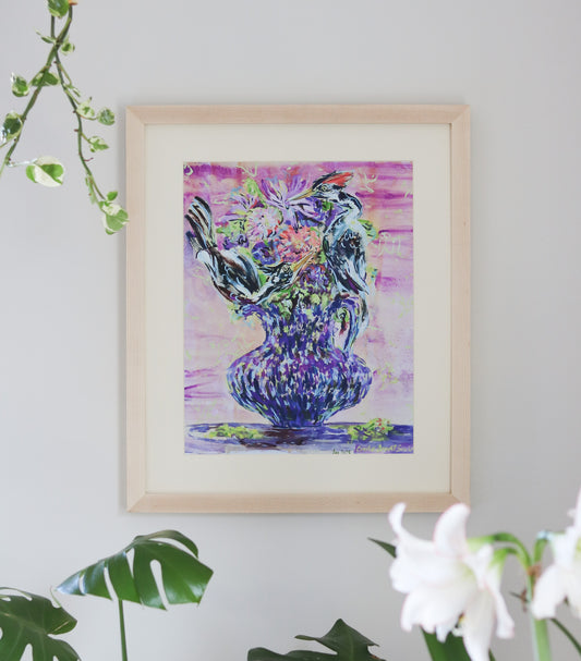 Ivory Billed Woodpecker Bouquet in Violet Pitcher - Print