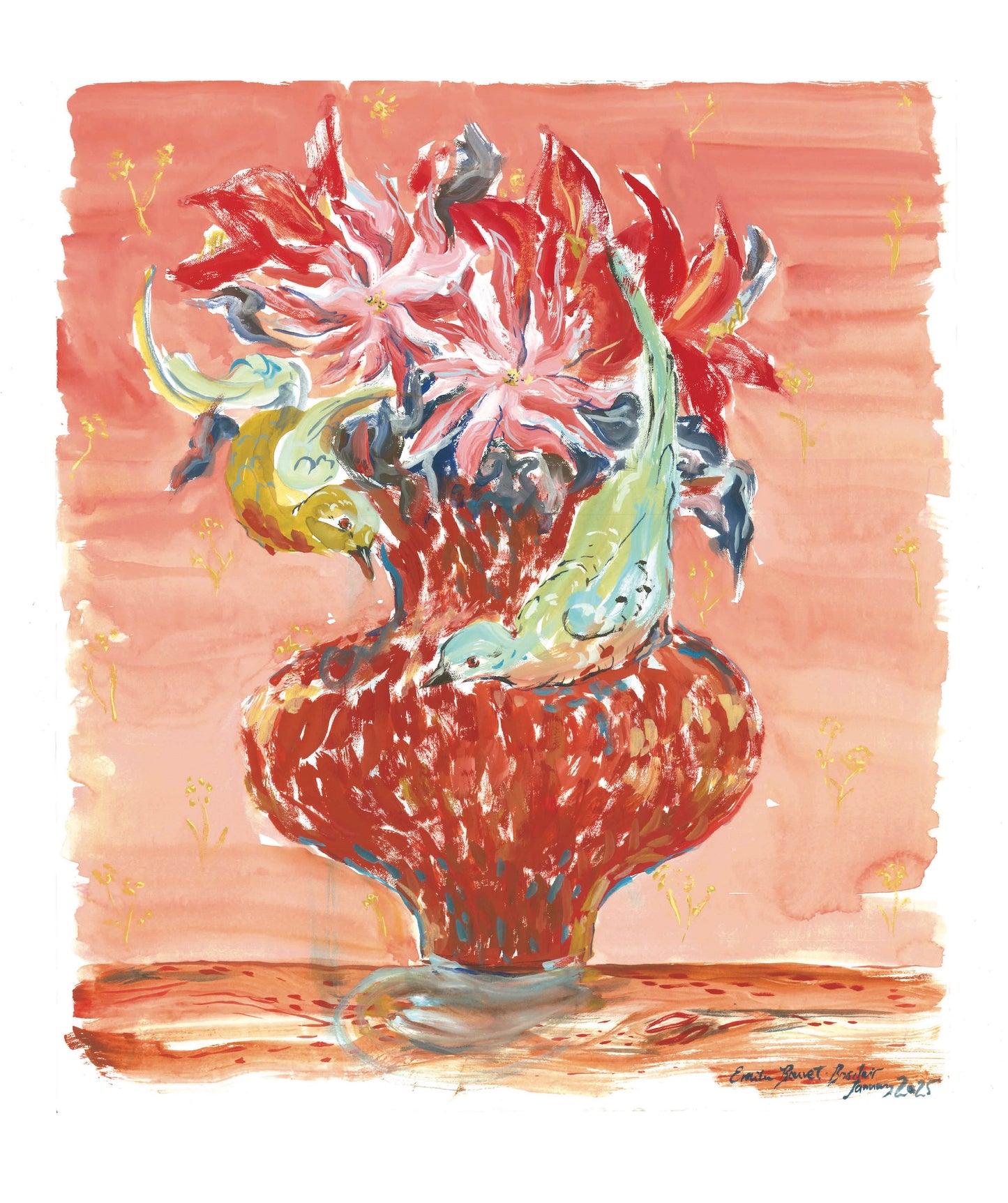Passenger Pigeon Bouquet in Vermillion Vase - Print