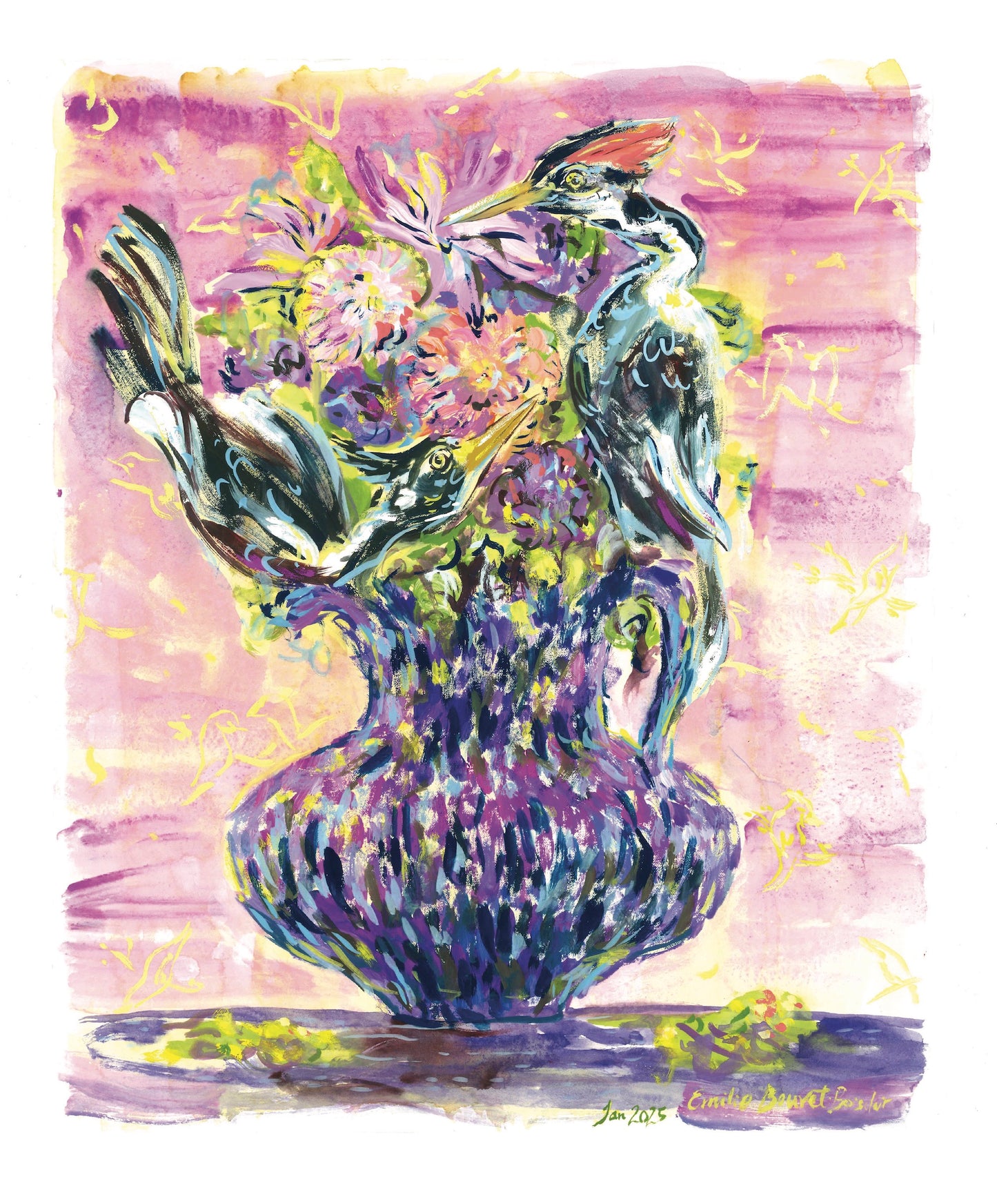 Ivory Billed Woodpecker Bouquet in Violet Pitcher - Print