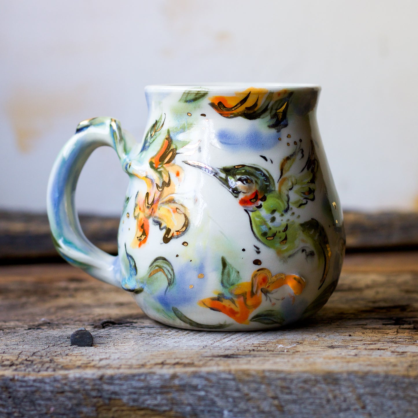 Ruby Throated Hummingbird with Hatchlings and Honeysuckle (MUG 1)