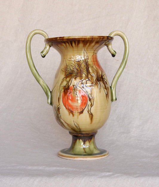 Ochre Yellow Pedestal Vase with Carved Orange Detail and Loopy Handles