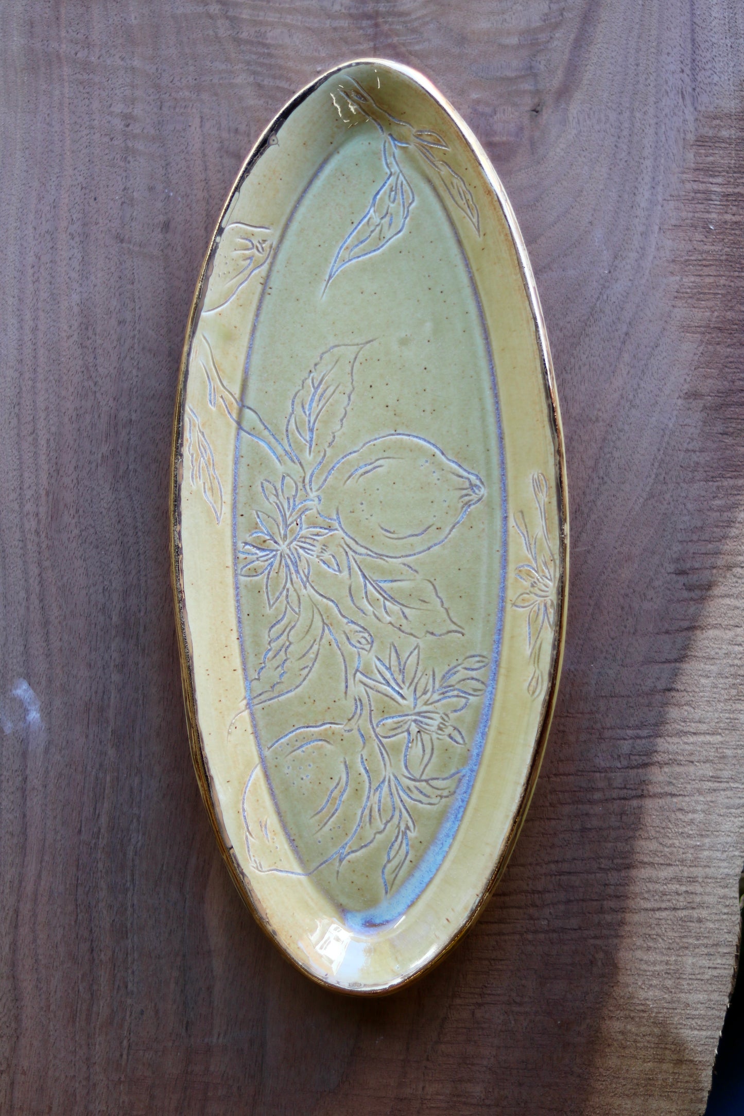 Honey Yellow Glazed Lemon Botanical Carved 14" Narrow Tray, Gold Rim
