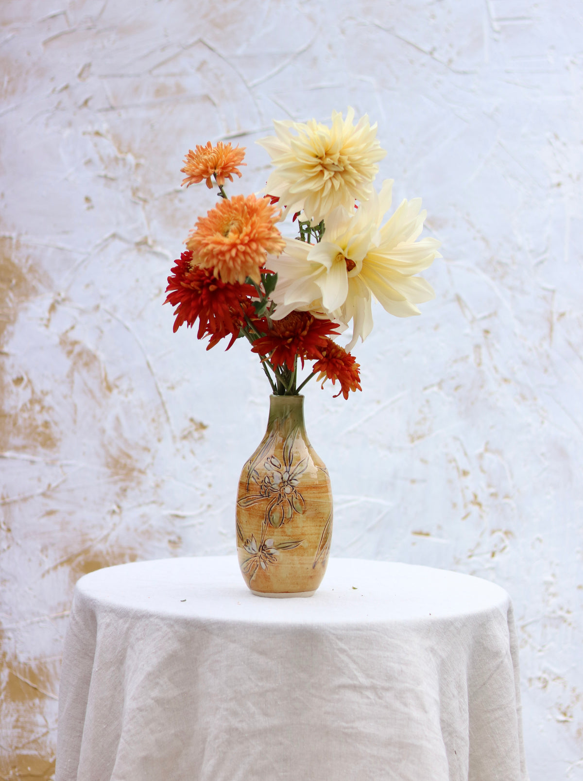 Hand Carved Botanical Vase in Olive Branch