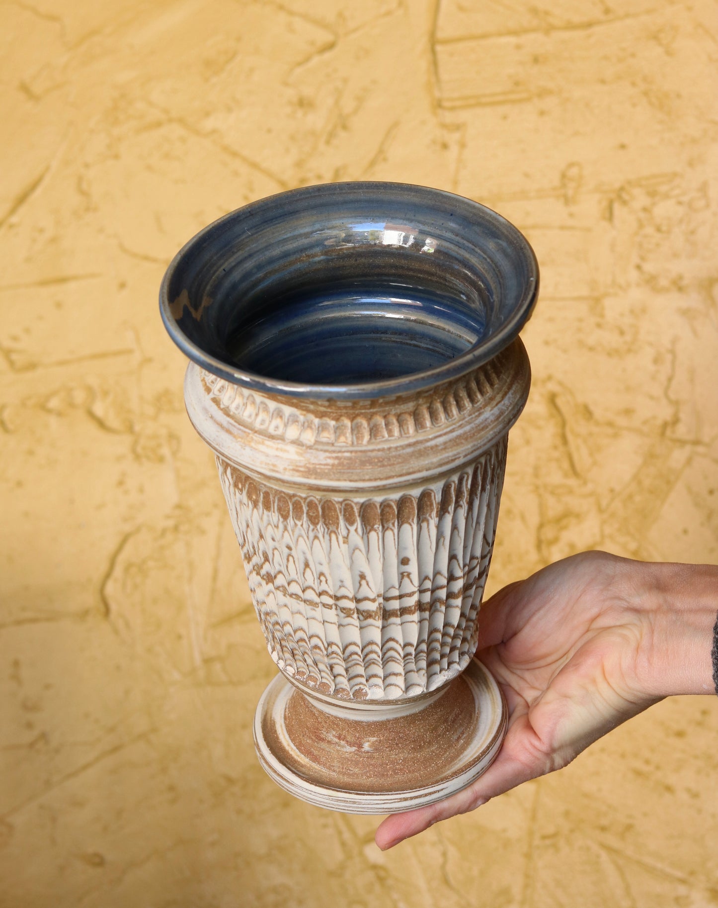 Carved Pedestal Vase with Sky Blue Interior