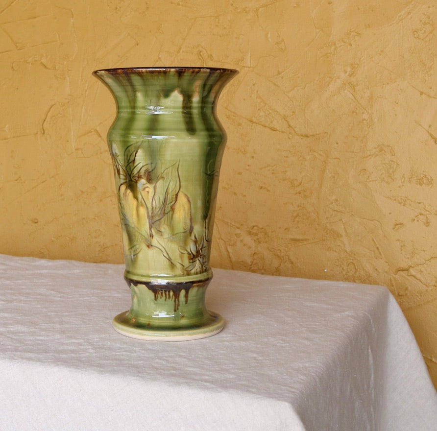 Emerald Green Pedestal Vase with Carved Lemon Detail