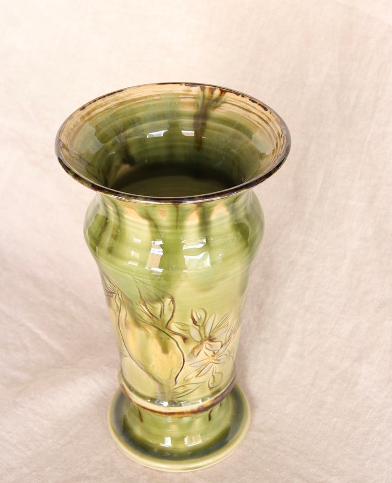 Emerald Green Pedestal Vase with Carved Lemon Detail