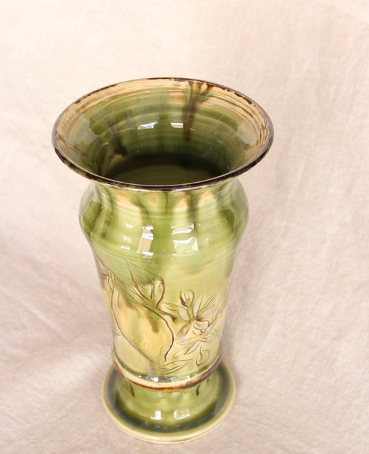 Emerald Green Pedestal Vase with Carved Lemon Detail