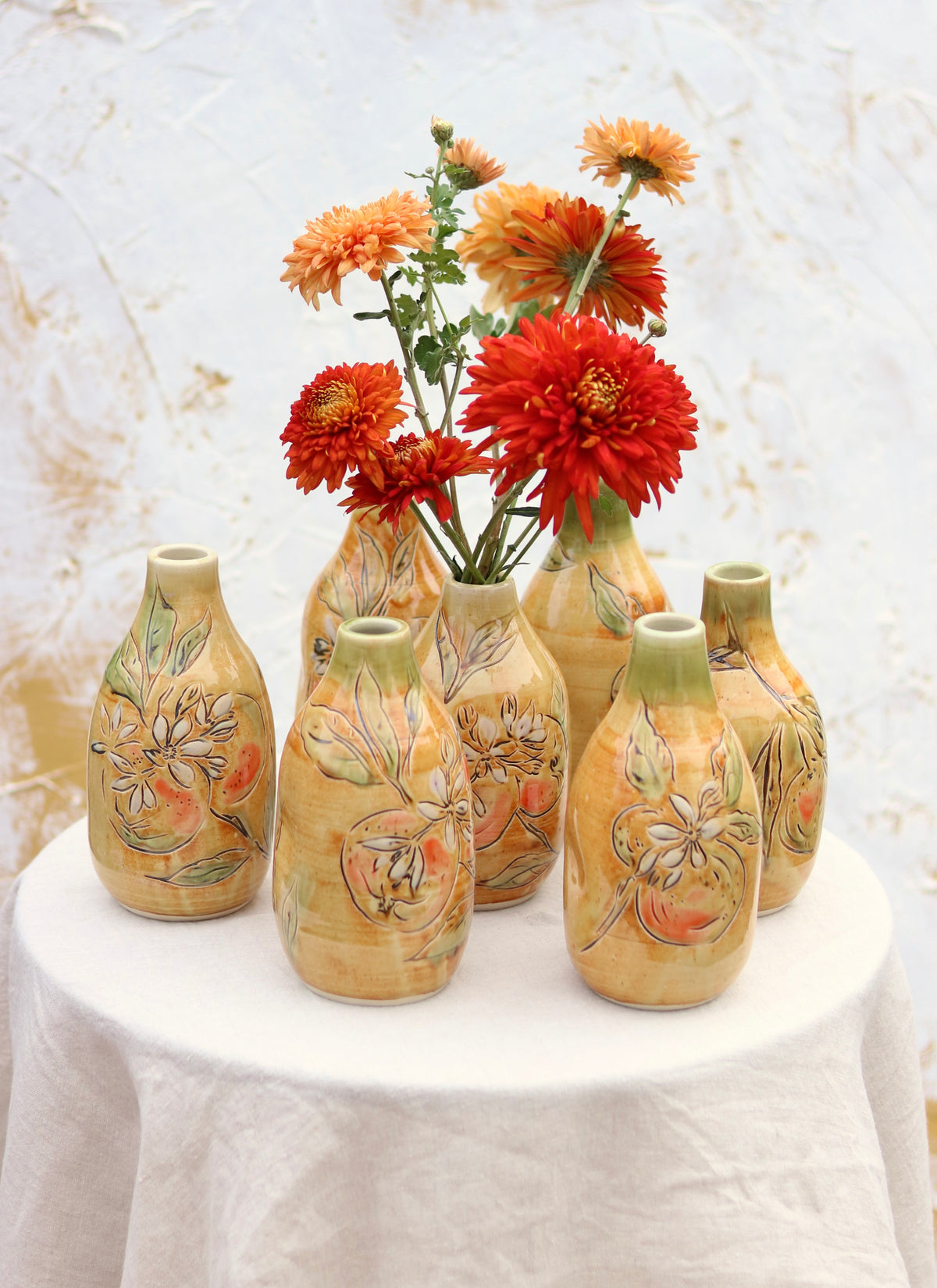 Hand Carved Botanical Bottle Vase Orange Blossom