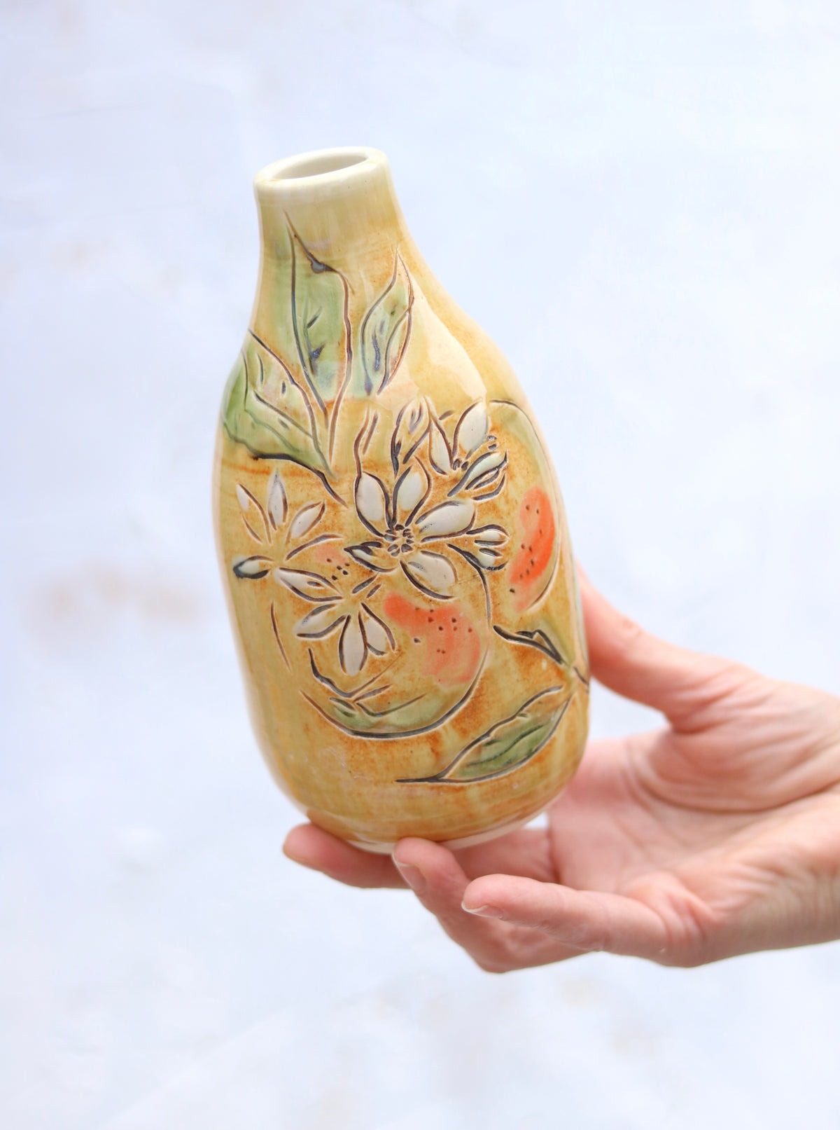Hand Carved Botanical Bottle Vase Orange Blossom