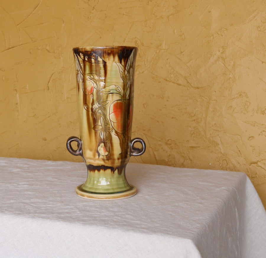 Ochre Yellow Pedestal Vase with Carved Orange Detail and Small Handles