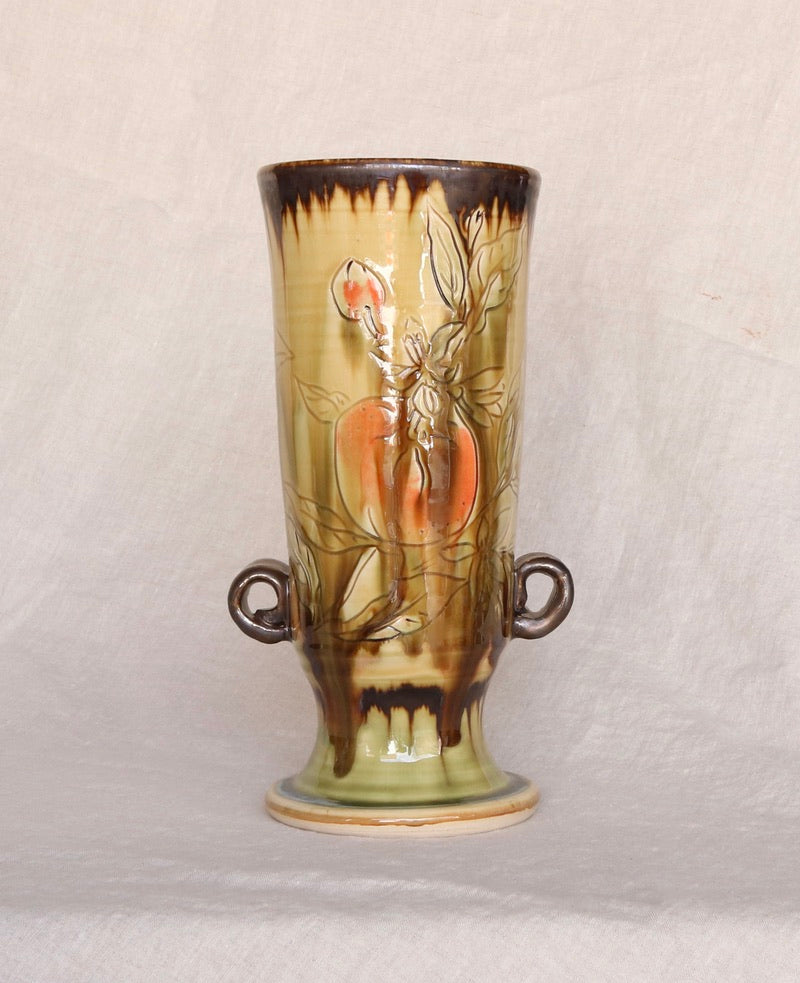 Ochre Yellow Pedestal Vase with Carved Orange Detail and Small Handles