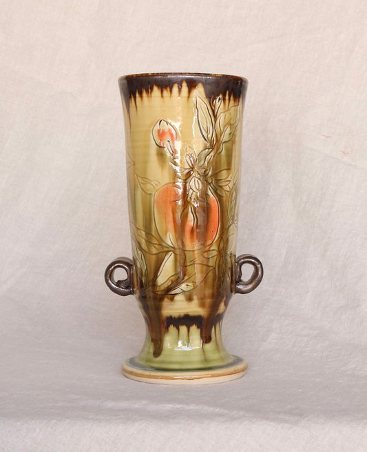 Ochre Yellow Pedestal Vase with Carved Orange Detail and Small Handles