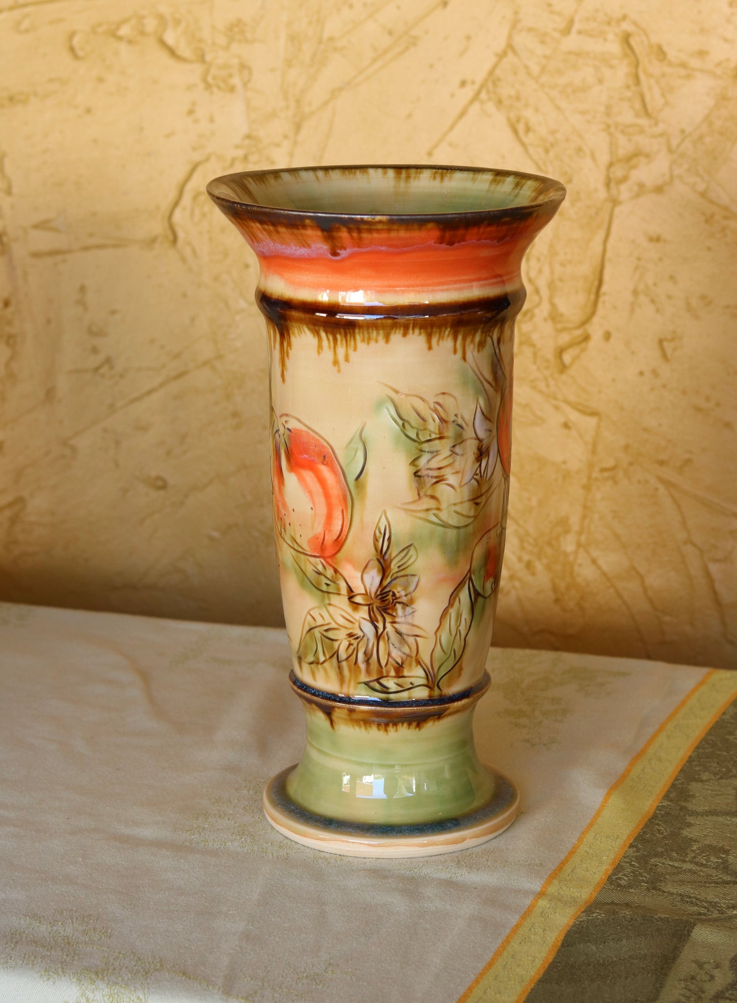 Tall Pedestal Vase with Orange Detail