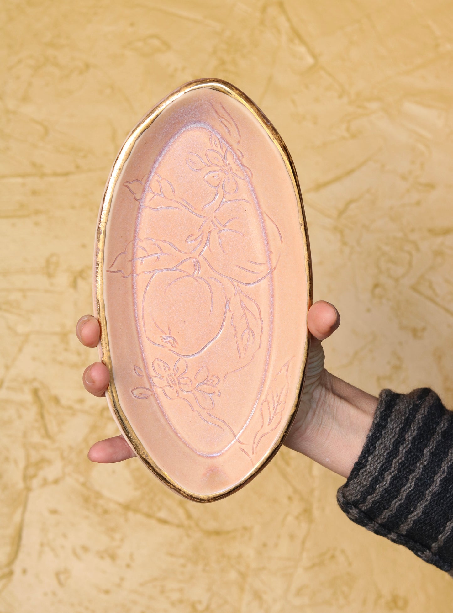 Rose Glazed Apple Botanical Carved 9" Tray, Gold Rim