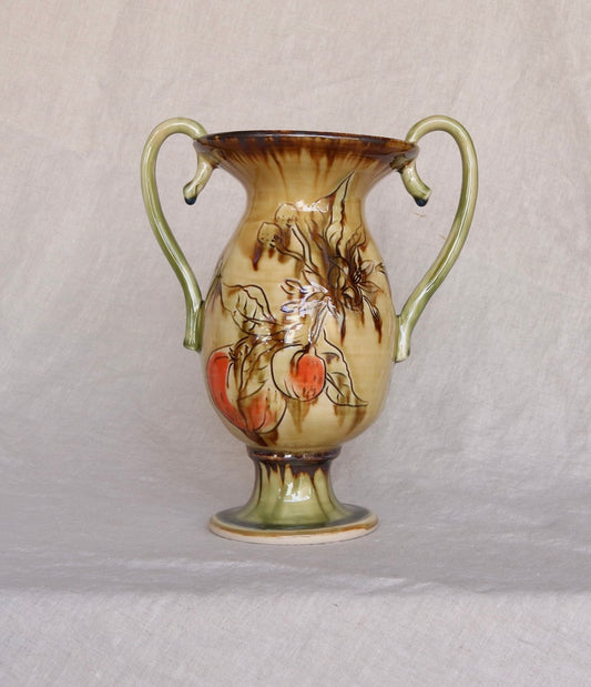 Ochre Yellow Pedestal Vase with Carved Orange Detail and Loopy Handles