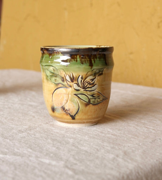 Small Cup with Carved Lemon Botanical, Pink Interior